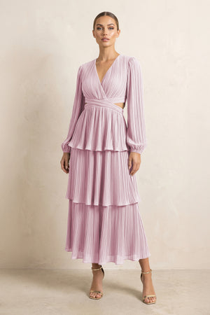 V-Neck Tiered A-Line Chiffon Midi Bridesmaid Dress in Candy Pink | KISSBRIDAL