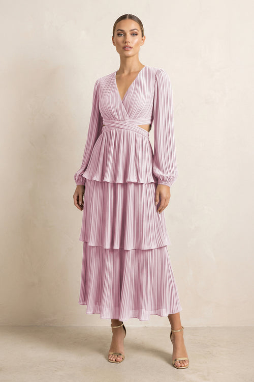 V-Neck Tiered A-Line Chiffon Midi Bridesmaid Dress in Candy Pink | KISSBRIDAL