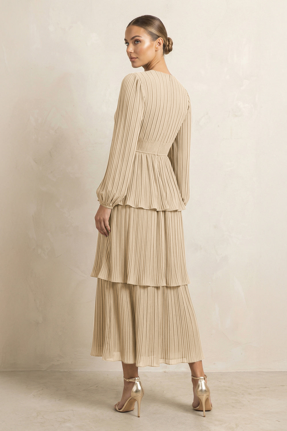 V-Neck Tiered A-Line Chiffon Midi Bridesmaid Dress in Champagne