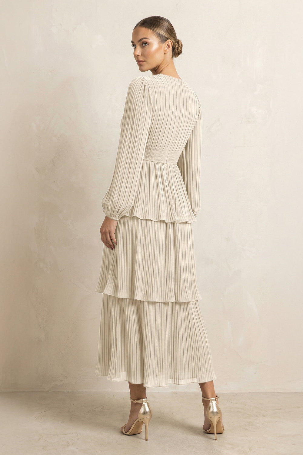 V - Neck Tiered A - Line Chiffon Midi Bridesmaid Dress in Champagne - KISS BRIDAL Bridesmaid Dresses