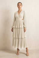 V - Neck Tiered A - Line Chiffon Midi Bridesmaid Dress in Champagne - SHE IS ME Bridesmaid Dresses