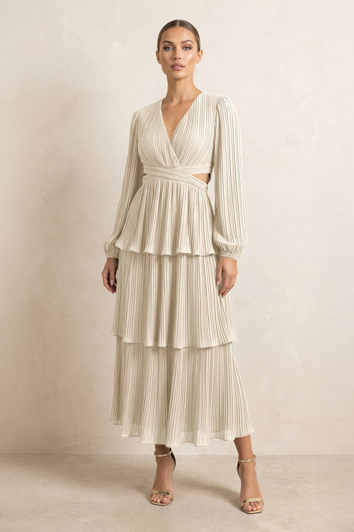 V - Neck Tiered A - Line Chiffon Midi Bridesmaid Dress in Champagne - SHE IS ME Bridesmaid Dresses