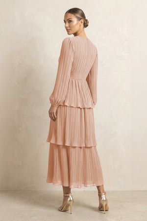 V - Neck Tiered A - Line Chiffon Midi Bridesmaid Dress in Champagne Rose - SHE IS ME Bridesmaid Dresses