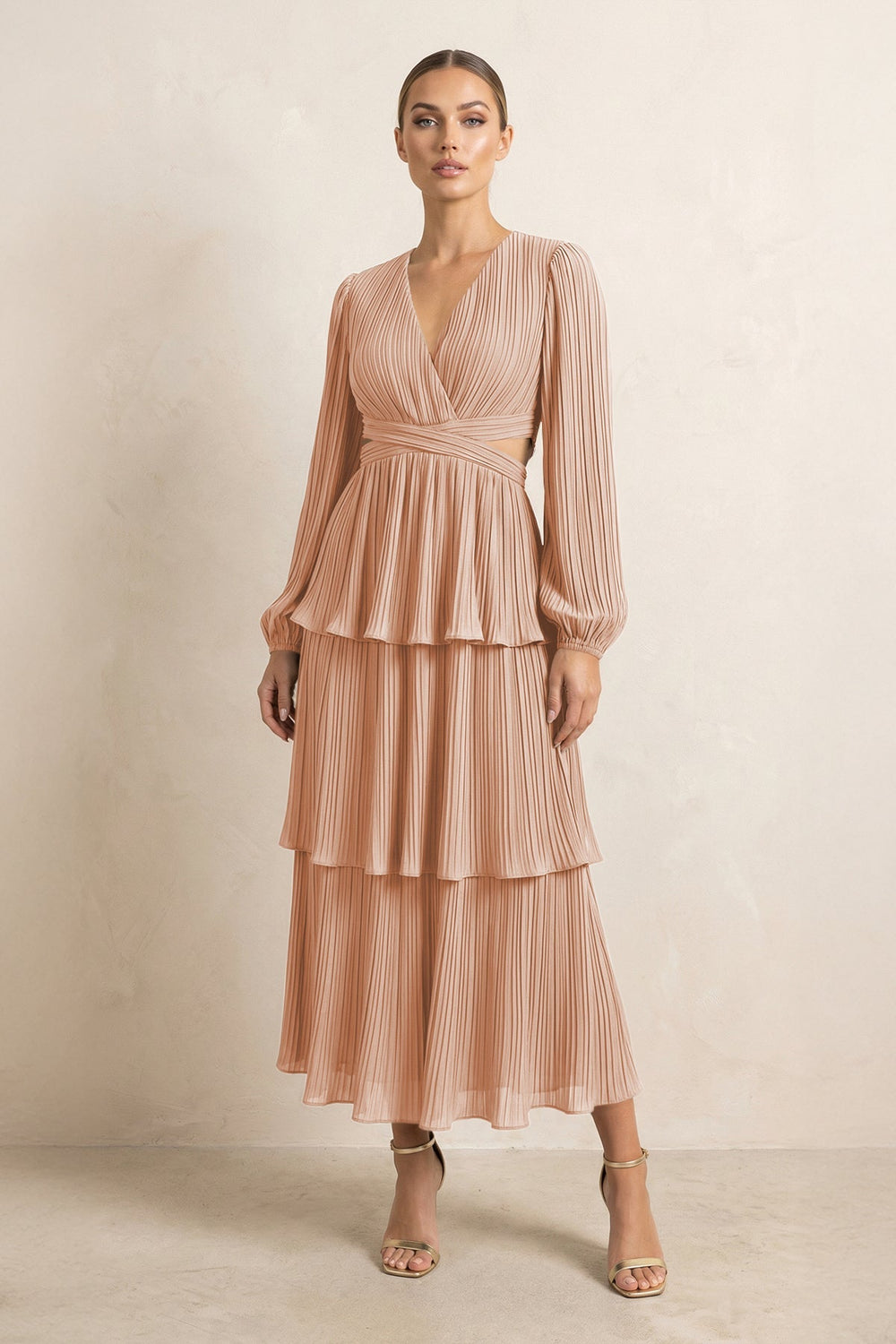 V - Neck Tiered A - Line Chiffon Midi Bridesmaid Dress in Champagne Rose - KISS BRIDAL Bridesmaid Dresses