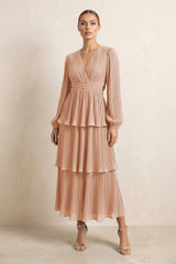 V - Neck Tiered A - Line Chiffon Midi Bridesmaid Dress in Champagne Rose - KISS BRIDAL Bridesmaid Dresses