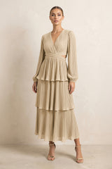 V-Neck Tiered A-Line Chiffon Midi Bridesmaid Dress in Champagne | KISSBRIDAL