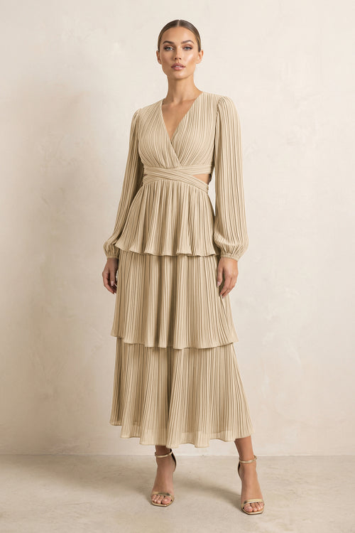 V-Neck Tiered A-Line Chiffon Midi Bridesmaid Dress in Champagne | KISSBRIDAL