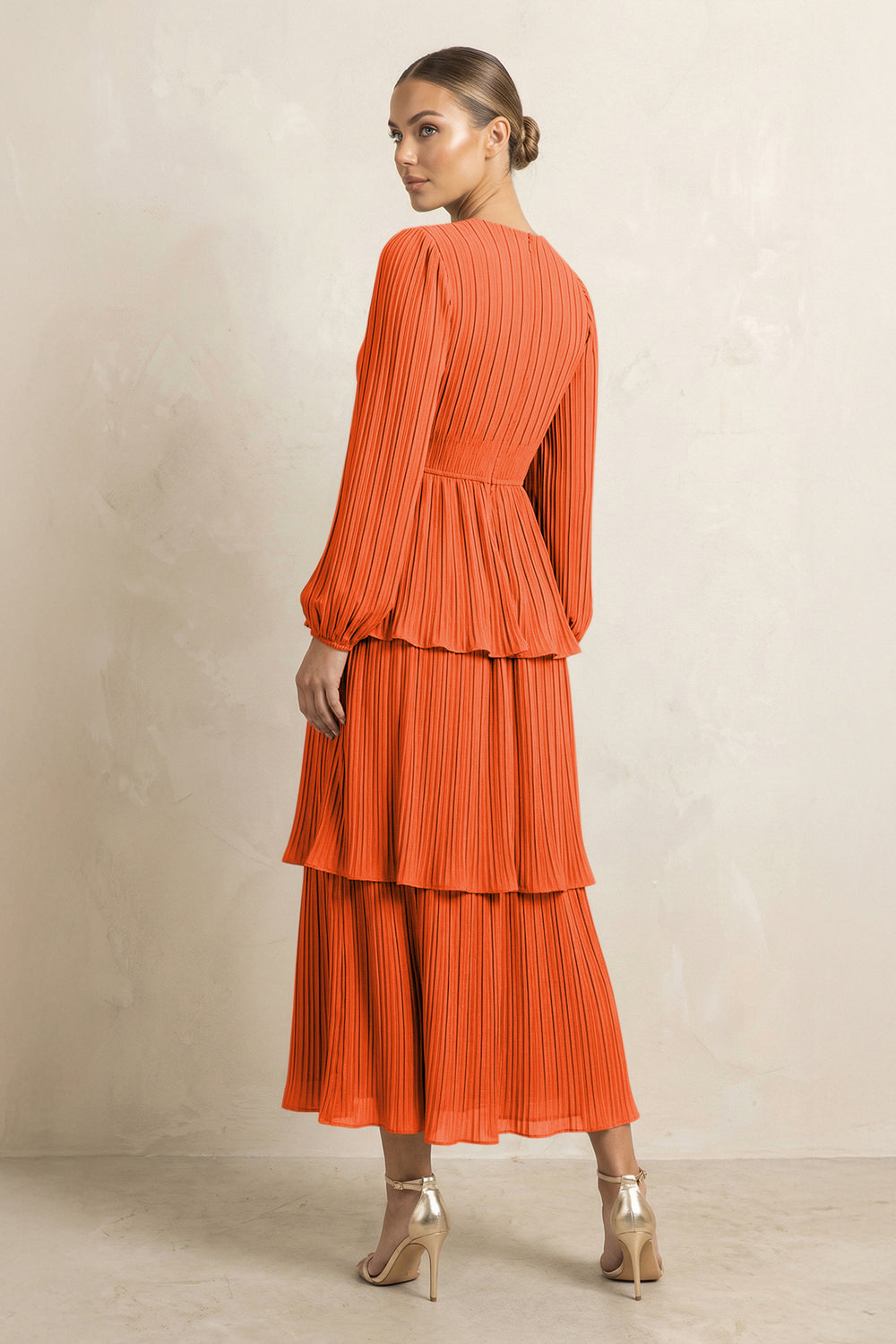 V-Neck Tiered A-Line Chiffon Midi Bridesmaid Dress in Cinnamon