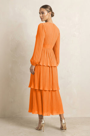 V - Neck Tiered A - Line Chiffon Midi Bridesmaid Dress in Cinnamon - SHE IS ME Bridesmaid Dresses