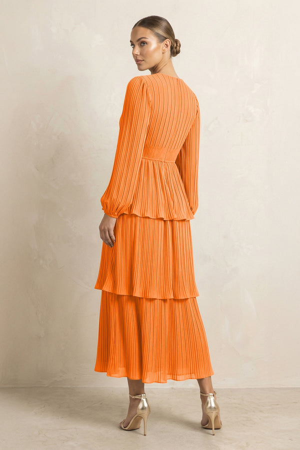 V - Neck Tiered A - Line Chiffon Midi Bridesmaid Dress in Cinnamon - SHE IS ME Bridesmaid Dresses