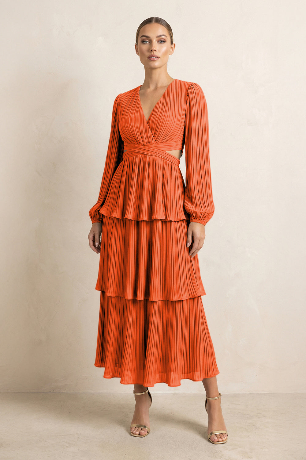 V-Neck Tiered A-Line Chiffon Midi Bridesmaid Dress in Cinnamon
