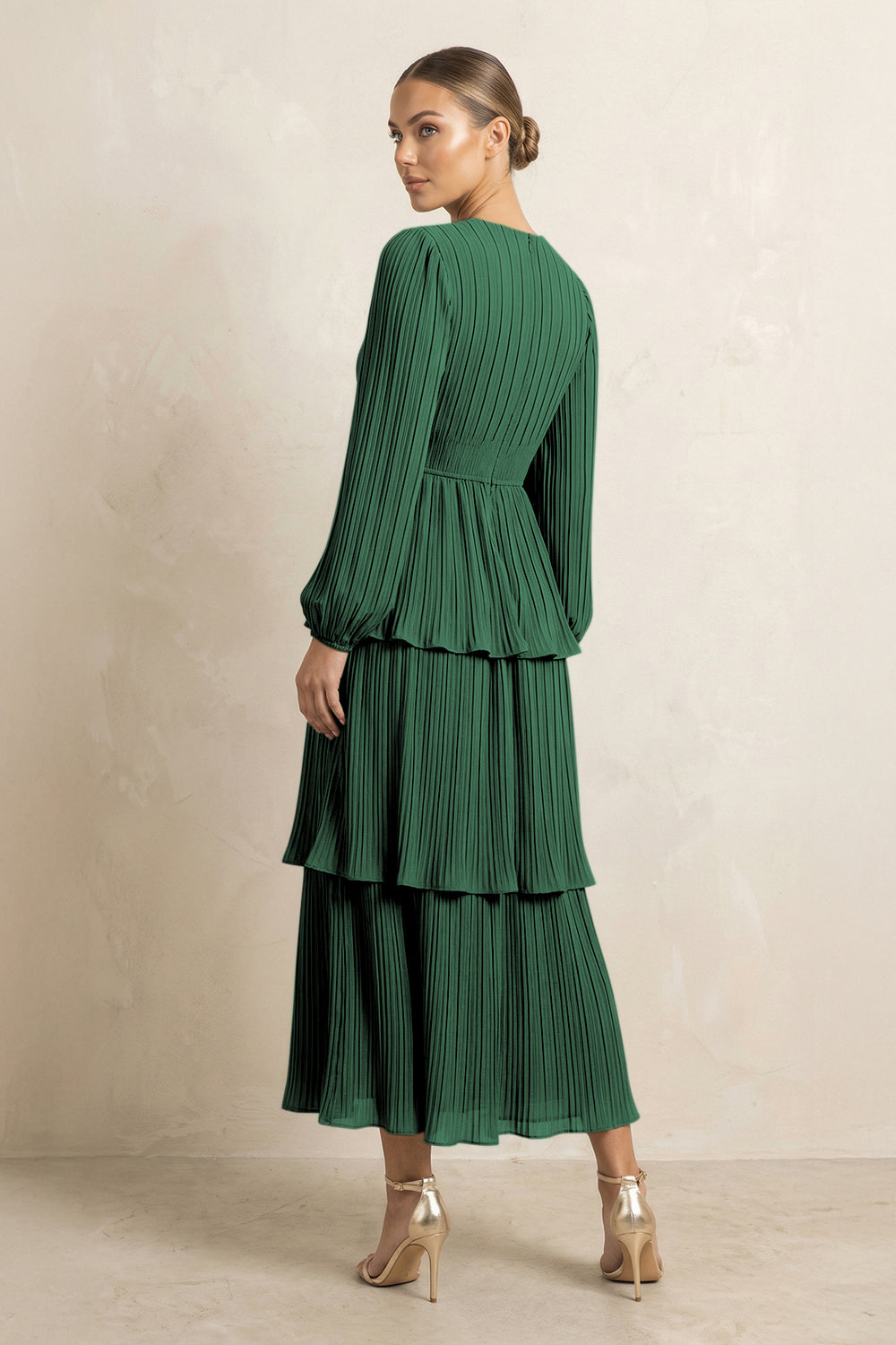 V-Neck Tiered A-Line Chiffon Midi Bridesmaid Dress in Dark Green