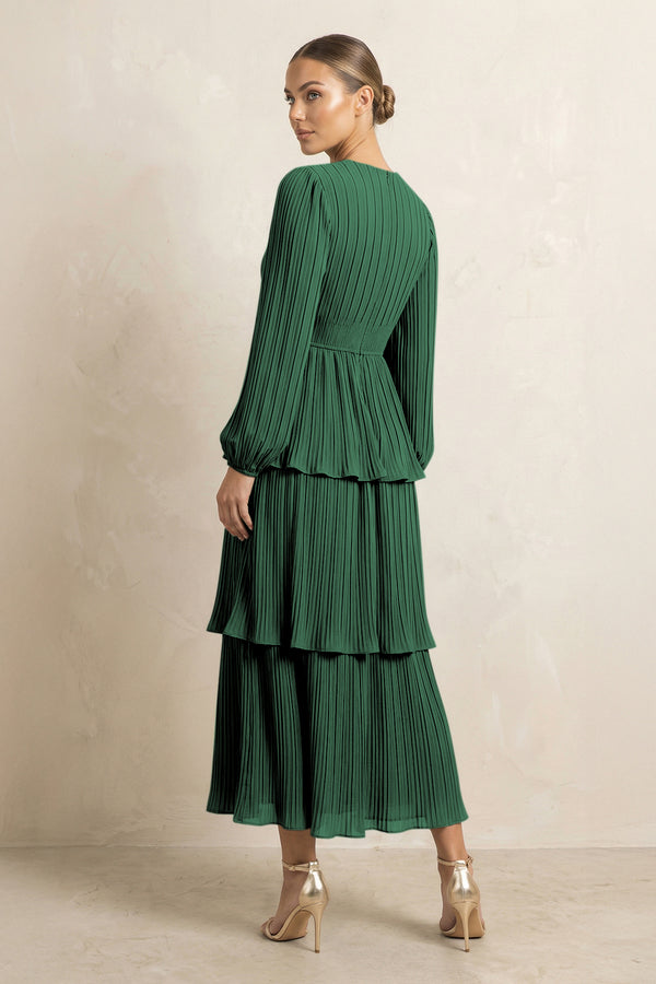 V-Neck Tiered A-Line Chiffon Midi Bridesmaid Dress in Dark Green (2) | KISSBRIDAL