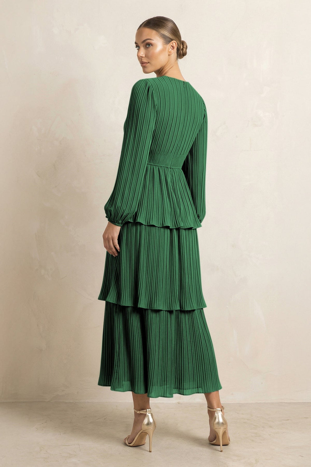 V - Neck Tiered A - Line Chiffon Midi Bridesmaid Dress in Dark Green - KISS BRIDAL Bridesmaid Dresses