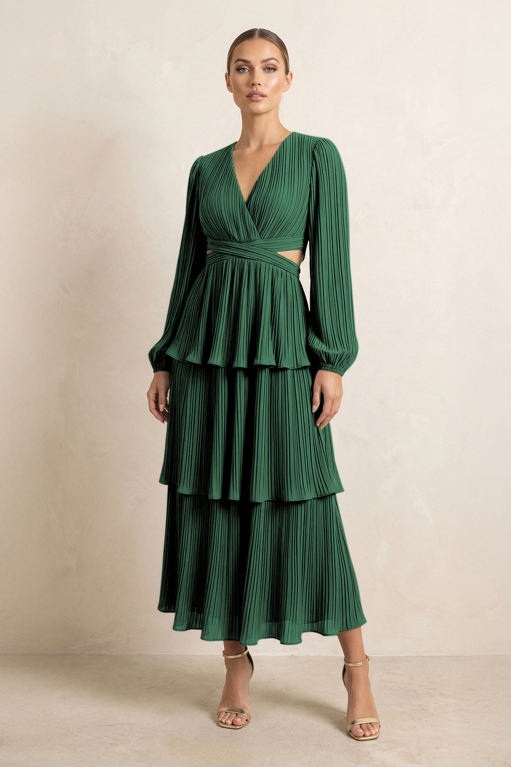 V-Neck Tiered A-Line Chiffon Midi Bridesmaid Dress in Dark Green