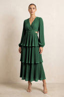 V-Neck Tiered A-Line Chiffon Midi Bridesmaid Dress in Dark Green | KISSBRIDAL