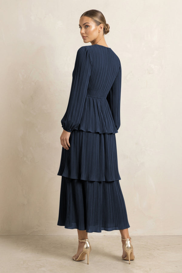 V - Neck Tiered A - Line Chiffon Midi Bridesmaid Dress in Dark Navy - SHE IS ME Bridesmaid Dresses