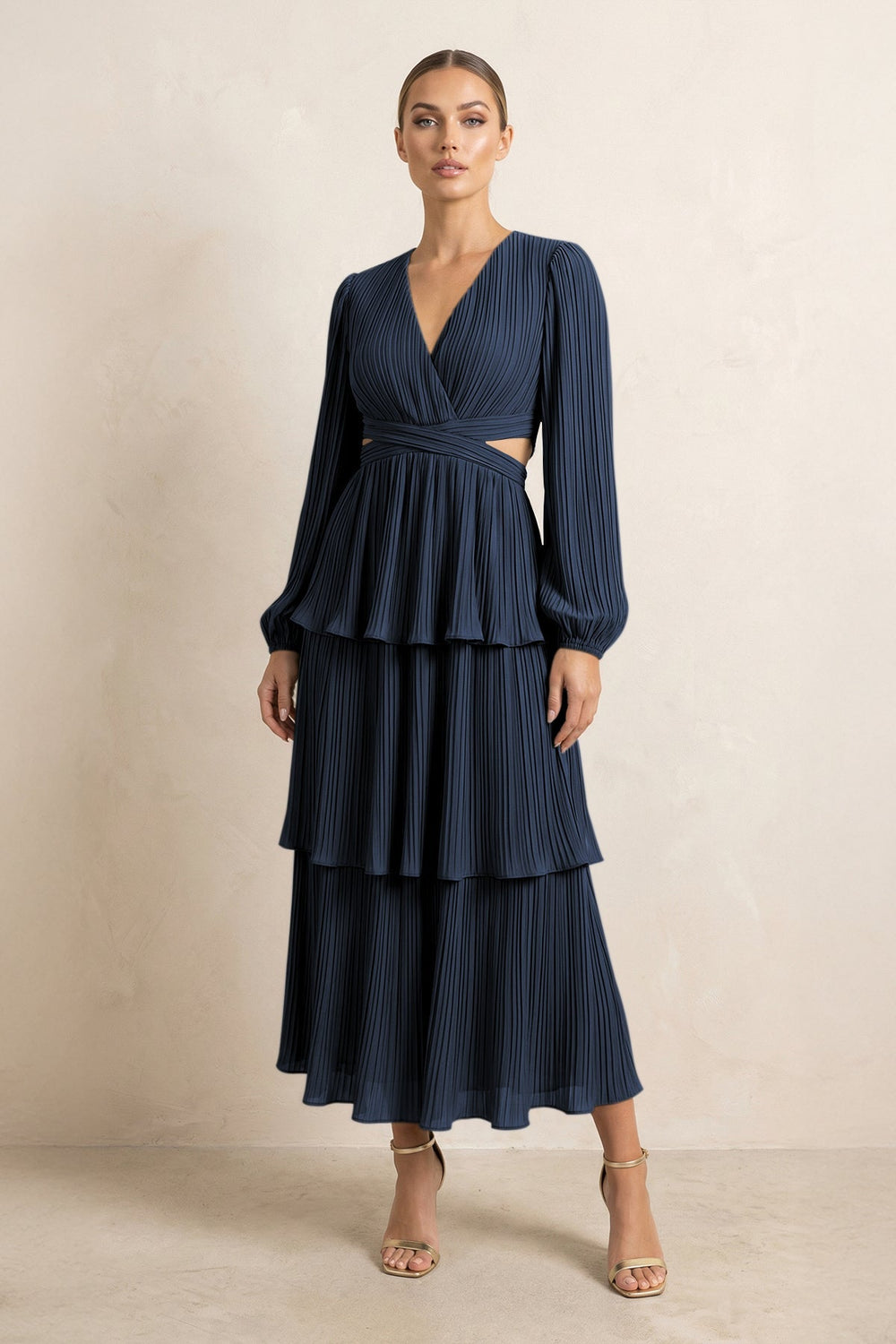 V - Neck Tiered A - Line Chiffon Midi Bridesmaid Dress in Dark Navy - KISS BRIDAL Bridesmaid Dresses