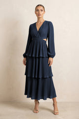V - Neck Tiered A - Line Chiffon Midi Bridesmaid Dress in Dark Navy - KISS BRIDAL Bridesmaid Dresses