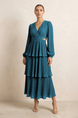 V - Neck Tiered A - Line Chiffon Midi Bridesmaid Dress in Dark Teal - KISS BRIDAL Bridesmaid Dresses