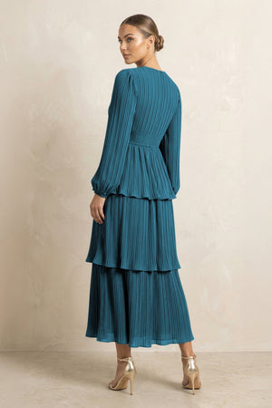 V - Neck Tiered A - Line Chiffon Midi Bridesmaid Dress in Dark Teal - SHE IS ME Bridesmaid Dresses