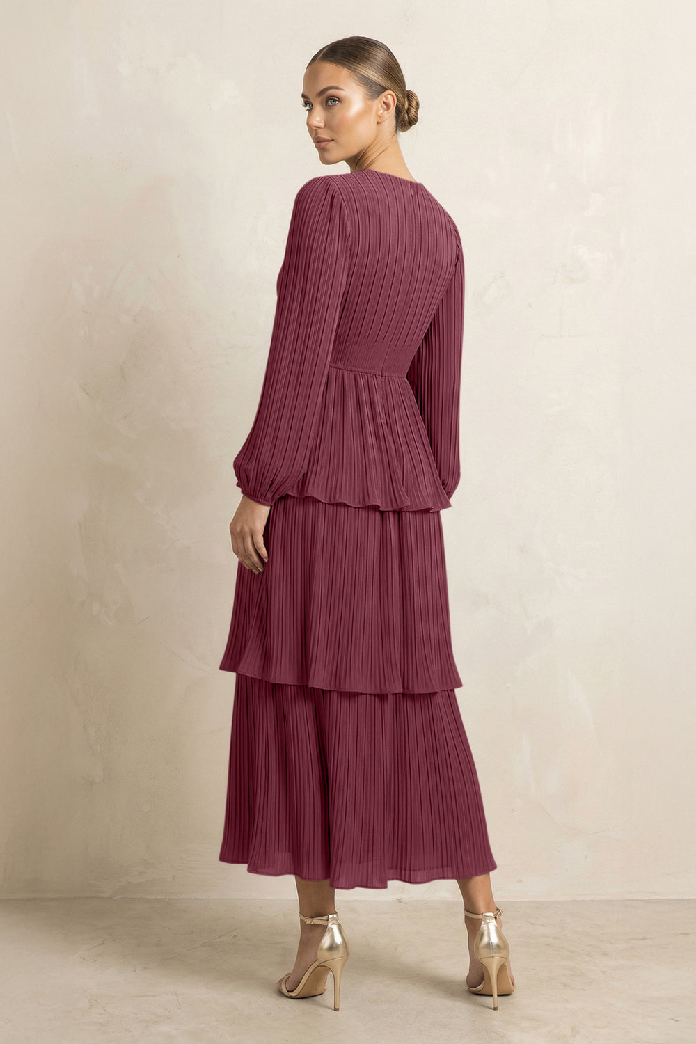 V-Neck Tiered A-Line Chiffon Midi Bridesmaid Dress in Desert Rose