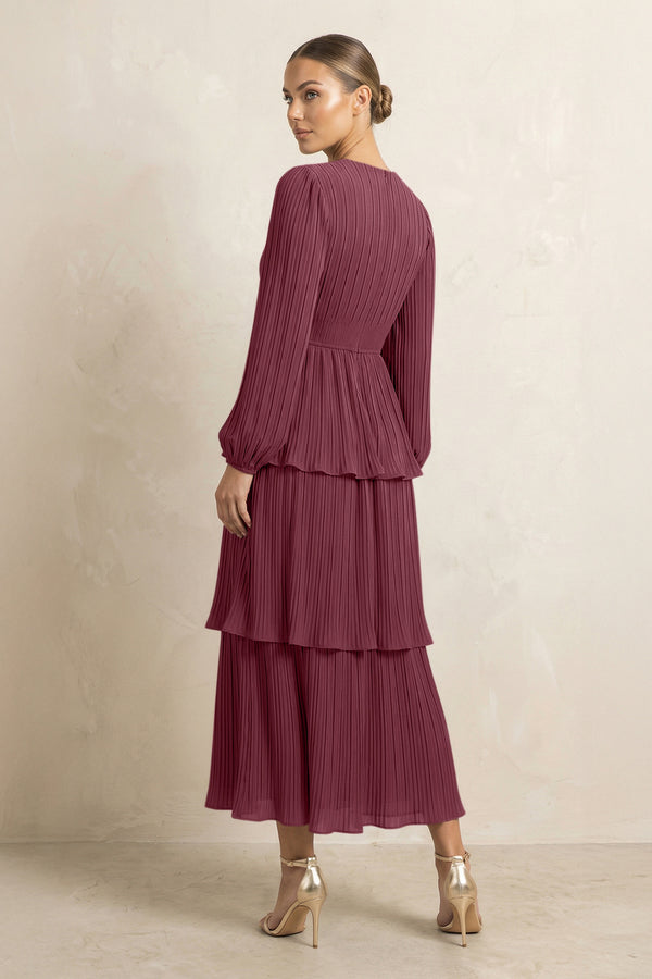 V-Neck Tiered A-Line Chiffon Midi Bridesmaid Dress in Desert Rose (2) | KISSBRIDAL