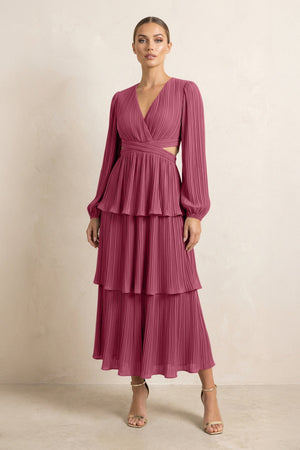 V - Neck Tiered A - Line Chiffon Midi Bridesmaid Dress in Desert Rose - SHE IS ME Bridesmaid Dresses