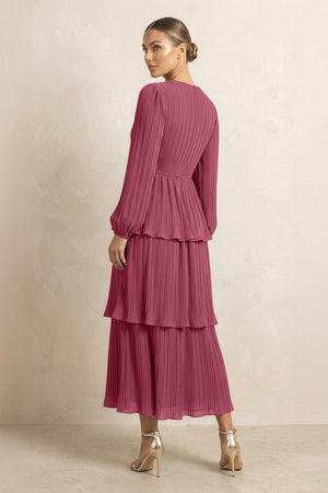 V - Neck Tiered A - Line Chiffon Midi Bridesmaid Dress in Desert Rose - SHE IS ME Bridesmaid Dresses