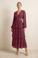 V-Neck Tiered A-Line Chiffon Midi Bridesmaid Dress in Desert Rose | KISSBRIDAL