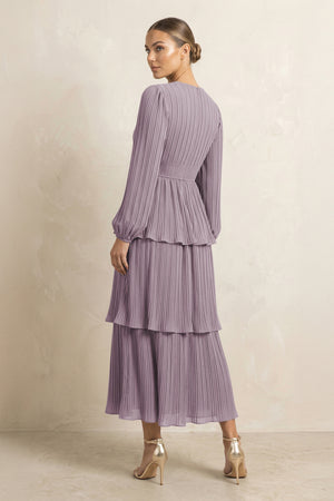 V-Neck Tiered A-Line Chiffon Midi Bridesmaid Dress in Dusk (2) | KISSBRIDAL