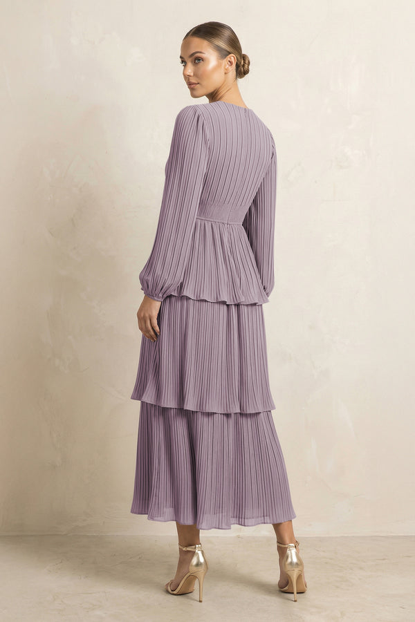 V-Neck Tiered A-Line Chiffon Midi Bridesmaid Dress in Dusk (2) | KISSBRIDAL