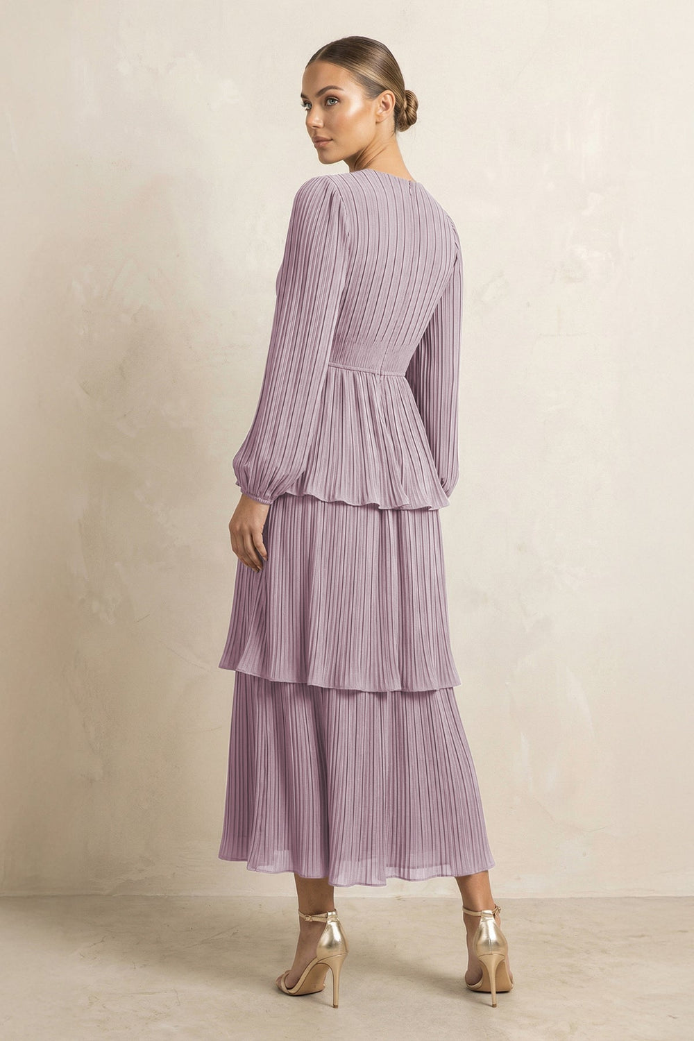 V - Neck Tiered A - Line Chiffon Midi Bridesmaid Dress in Dusk - KISS BRIDAL Bridesmaid Dresses