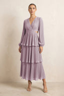 V - Neck Tiered A - Line Chiffon Midi Bridesmaid Dress in Dusk - SHE IS ME Bridesmaid Dresses