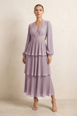 V - Neck Tiered A - Line Chiffon Midi Bridesmaid Dress in Dusk - SHE IS ME Bridesmaid Dresses