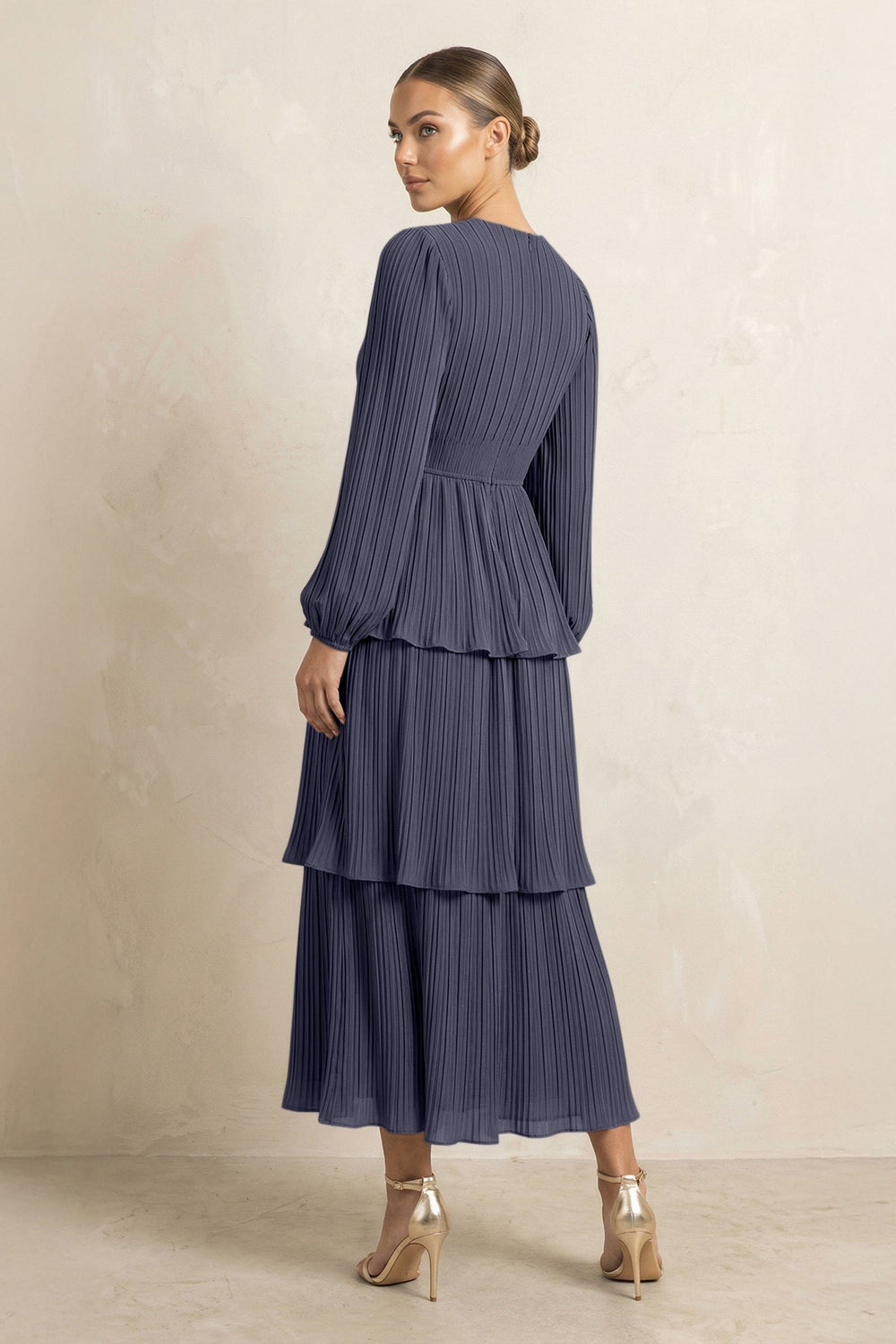V - Neck Tiered A - Line Chiffon Midi Bridesmaid Dress in Dusk Blue - KISS BRIDAL Bridesmaid Dresses
