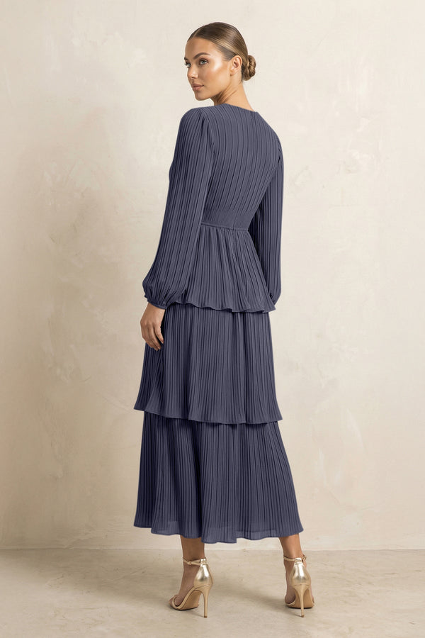 V - Neck Tiered A - Line Chiffon Midi Bridesmaid Dress in Dusk Blue - SHE IS ME Bridesmaid Dresses