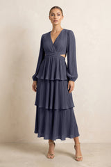 V - Neck Tiered A - Line Chiffon Midi Bridesmaid Dress in Dusk Blue - KISS BRIDAL Bridesmaid Dresses