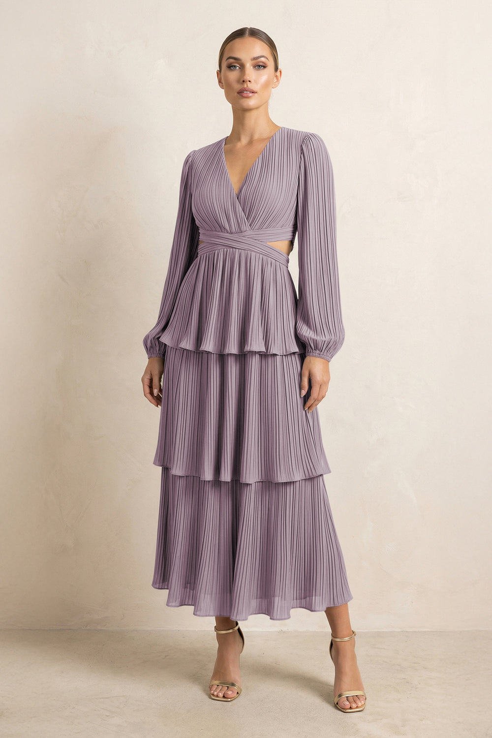V-Neck Tiered A-Line Chiffon Midi Bridesmaid Dress in Dusk