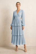 V - Neck Tiered A - Line Chiffon Midi Bridesmaid Dress in Dusty Blue - SHE IS ME Bridesmaid Dresses