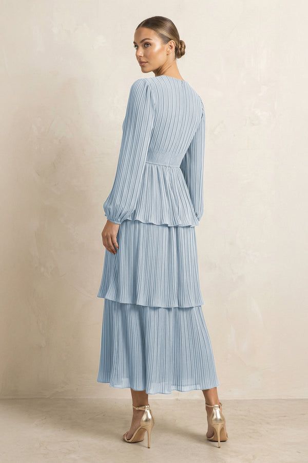 V - Neck Tiered A - Line Chiffon Midi Bridesmaid Dress in Dusty Blue - SHE IS ME Bridesmaid Dresses