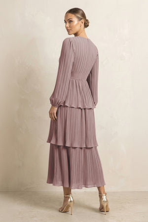 V-Neck Tiered A-Line Chiffon Midi Bridesmaid Dress in Dusty Rose (2) | KISSBRIDAL