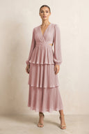 V - Neck Tiered A - Line Chiffon Midi Bridesmaid Dress in Dusty Rose - SHE IS ME Bridesmaid Dresses
