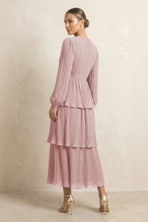 V - Neck Tiered A - Line Chiffon Midi Bridesmaid Dress in Dusty Rose - SHE IS ME Bridesmaid Dresses