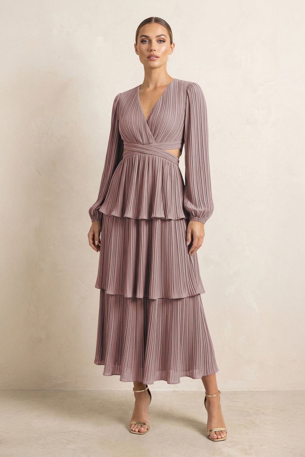 V-Neck Tiered A-Line Chiffon Midi Bridesmaid Dress in Dusty Rose