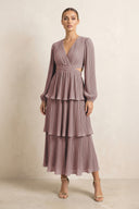 V-Neck Tiered A-Line Chiffon Midi Bridesmaid Dress in Dusty Rose | KISSBRIDAL