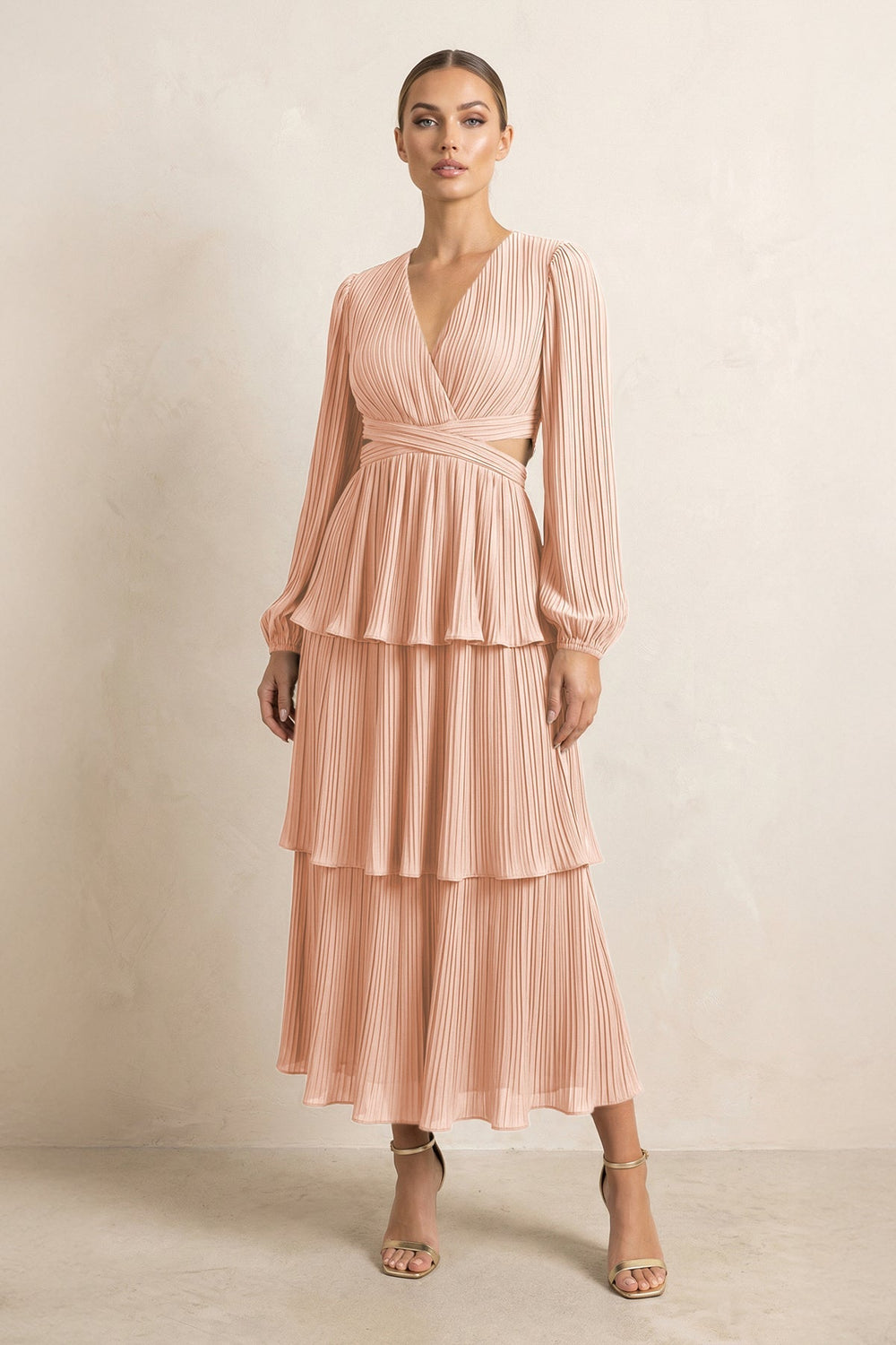 V - Neck Tiered A - Line Chiffon Midi Bridesmaid Dress in English Rose - KISS BRIDAL Bridesmaid Dresses