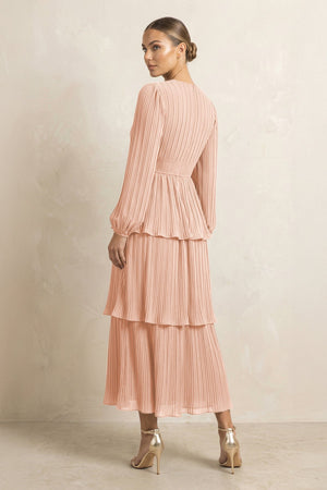 V - Neck Tiered A - Line Chiffon Midi Bridesmaid Dress in English Rose - SHE IS ME Bridesmaid Dresses