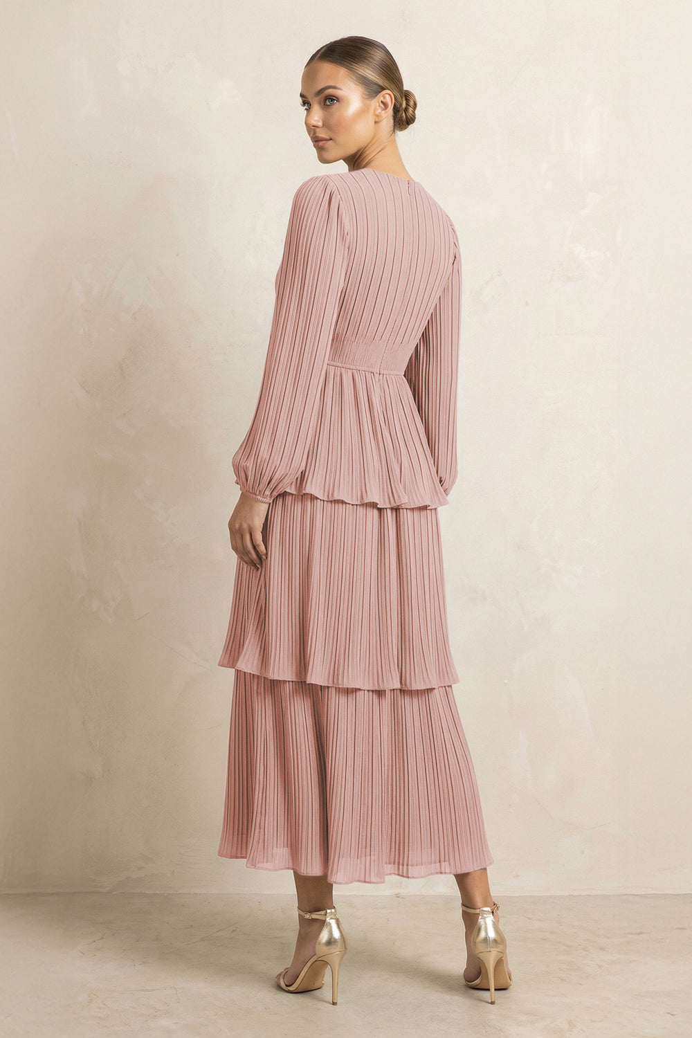 V-Neck Tiered A-Line Chiffon Midi Bridesmaid Dress in English Rose