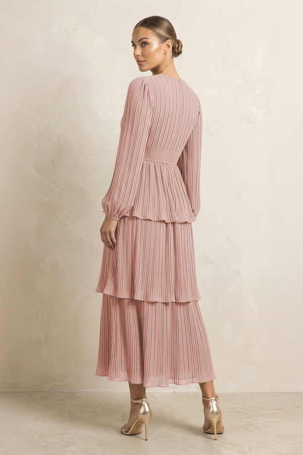 V-Neck Tiered A-Line Chiffon Midi Bridesmaid Dress in English Rose (2) | KISSBRIDAL
